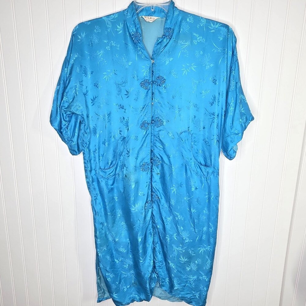 Vintage Silk Robe Womens Small Asian Floral Embroidered Button Hong Kong 80s